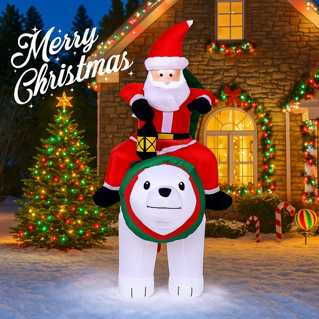 5.91FT Inflatable Toy Santa Claus Ride Polar Bear Xmas Yard Lawn Party Decoration with LED Lit Christmas Home Supplies Ornaments