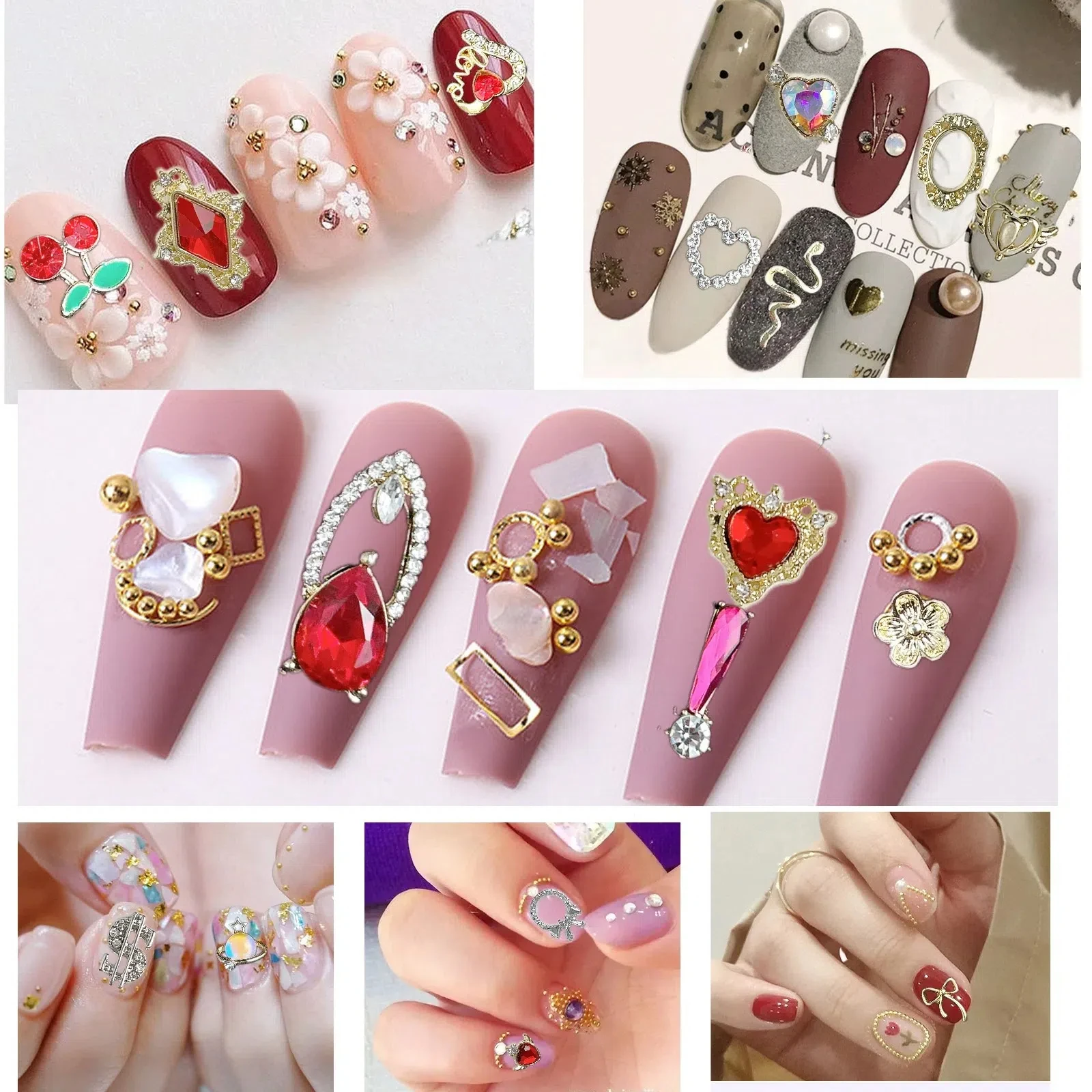 Conjunto de strass para arte em unhas, 6 grades, caixa de liga de luxo, coração, laço, cereja, acessórios para unhas, pedras brilhantes, faça você mesmo, amuletos de unhas