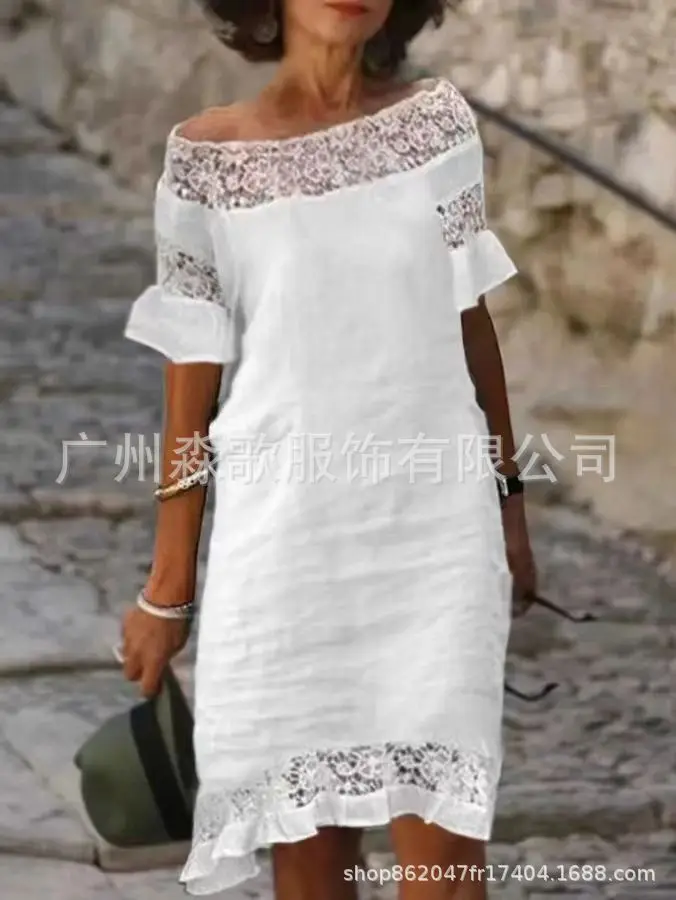 Bare Shoulder Short Sleeve Summer Dress for Womens Lace Mini Dress Ladies Hollow Out Solid Dresses Casual Vintage Loose Vestidos