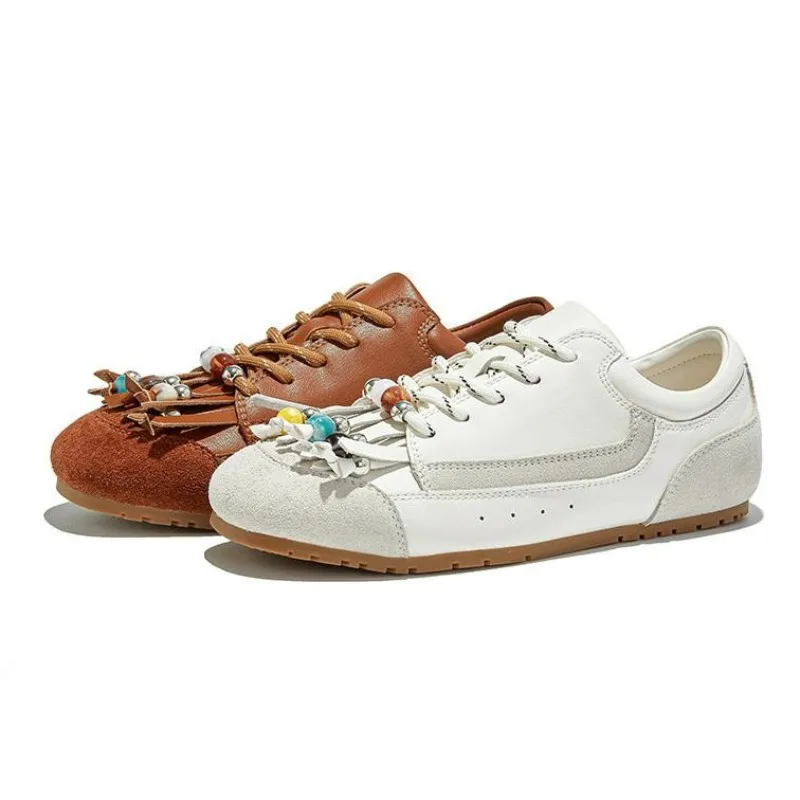 

Fashion Women Flat Sneakers Retro 2025 Autumn New Lace-up Moral Training Shoes Women Large-size Beaded Casual Shoes Female