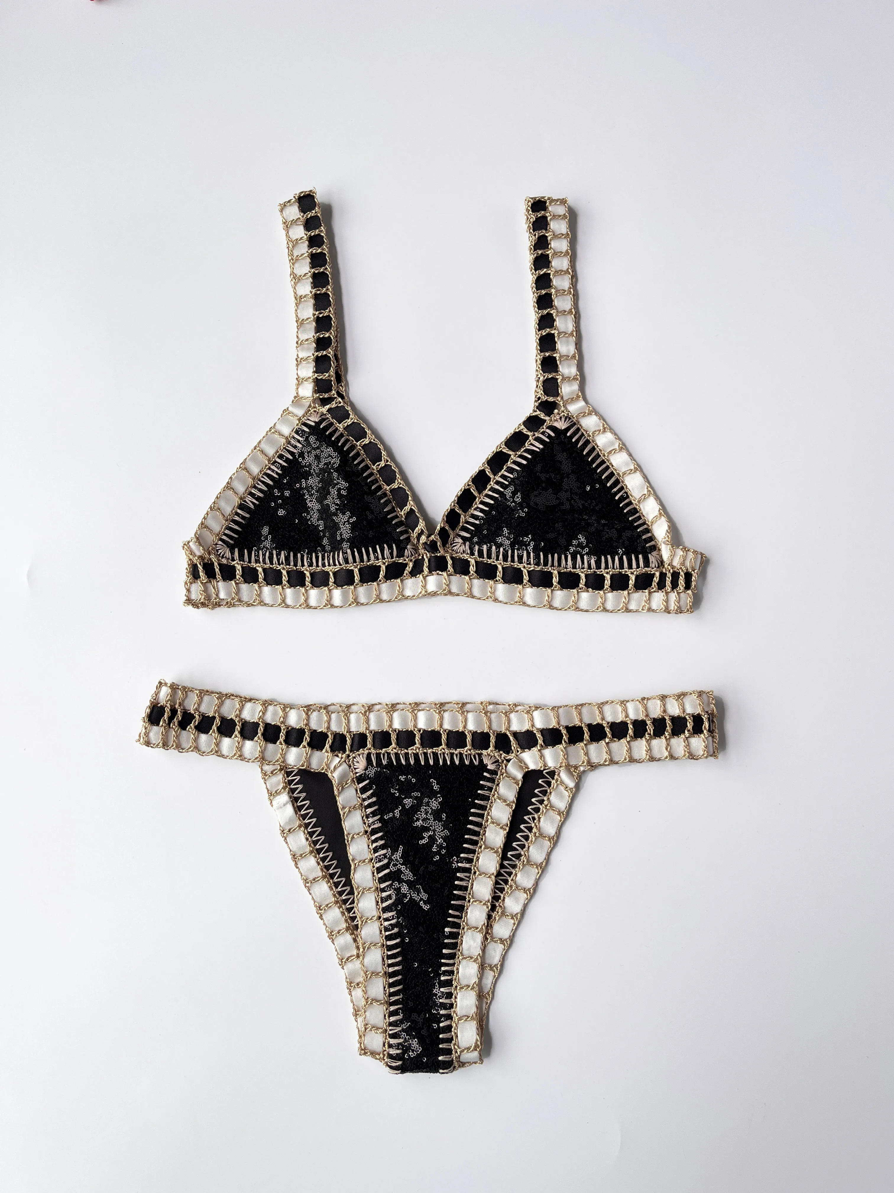 Black Sequin Hand-Crochet Bikini Set Luxury Gold Trim Two Piece Swimsuit Women's Beachwear Bathing Suit