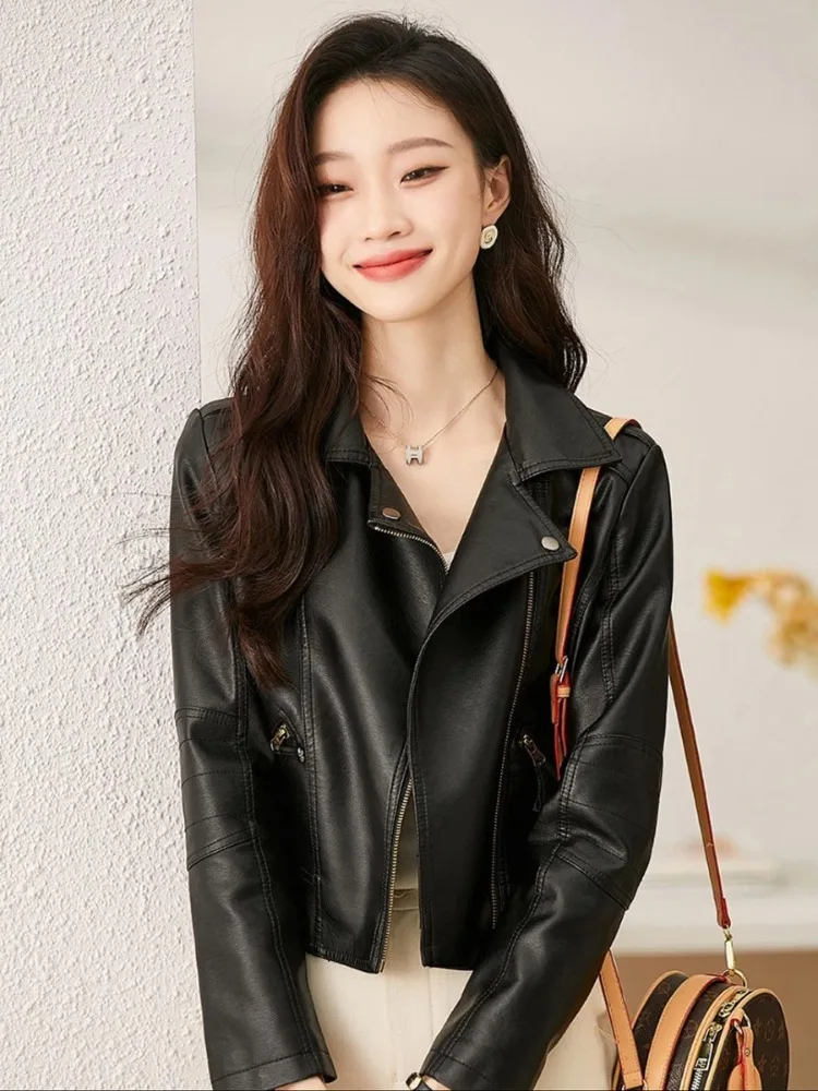 

OFTBUY Lady Leather Demi-season Jacket for Women Leather Neck Jacket Women's Moto Biker Zipper Jacket Women's Faux Leather Coat