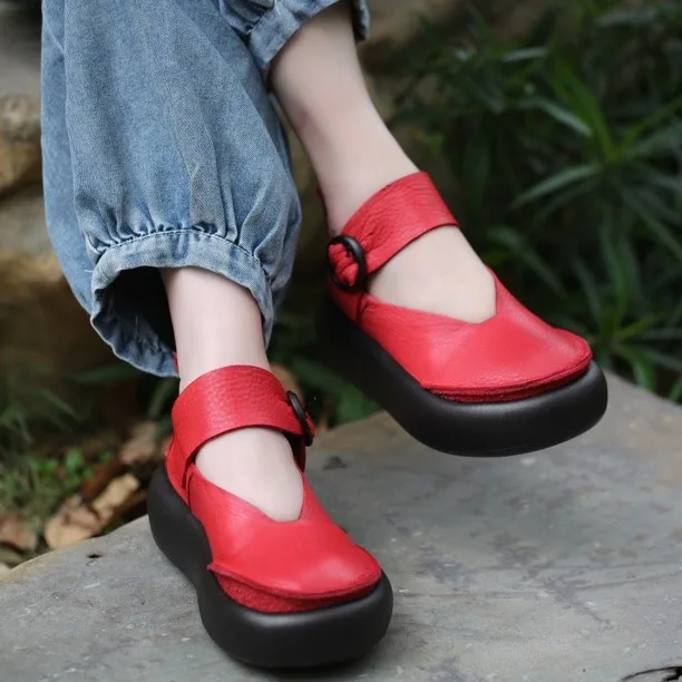 

Birkuir Retro Mary Jane Shoes For Women Buckle Flat Platform Luxury Shoes Genuine Leather Thick Heel Roma Casual Ladies Shoes