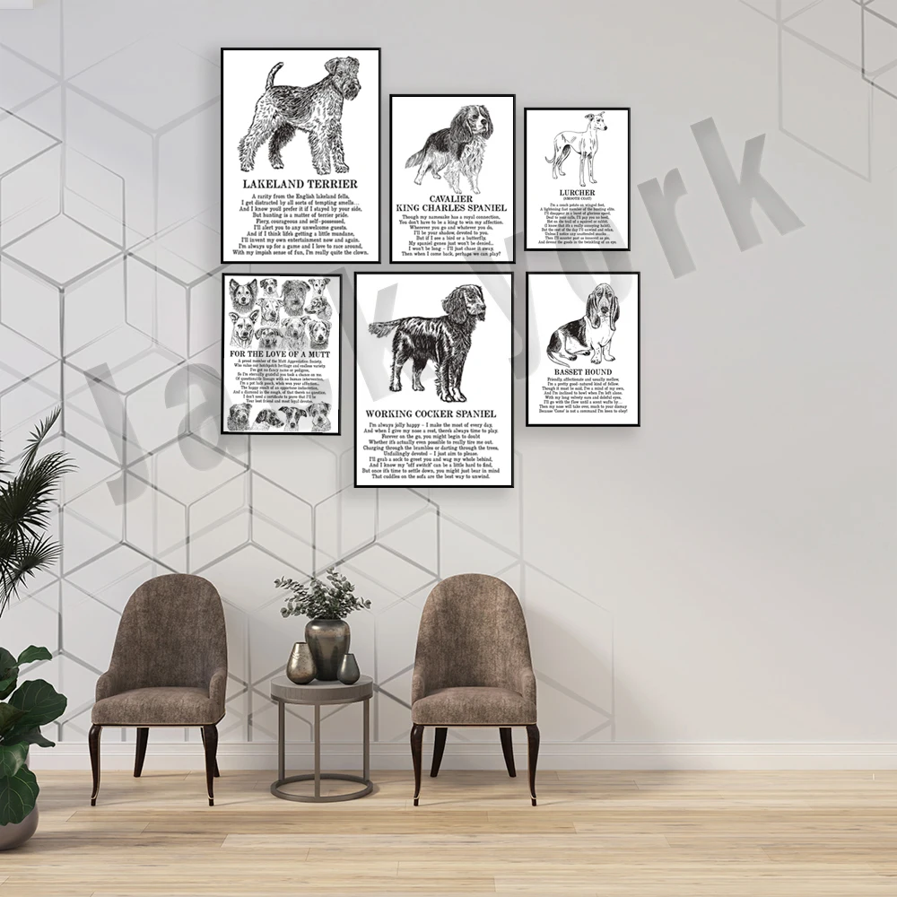 Lakeland Terrier, Saluki, Shetland Sheepdog, English Setter, Golden Retriever, Basset Hound, animal illustration poem poster