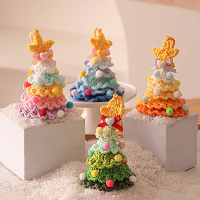2026 KnittedChristmas Tree with Jingle Bell Plush Christmas Hanging Pendant Wool Crochet Christmas Tree for Christma Party Decor