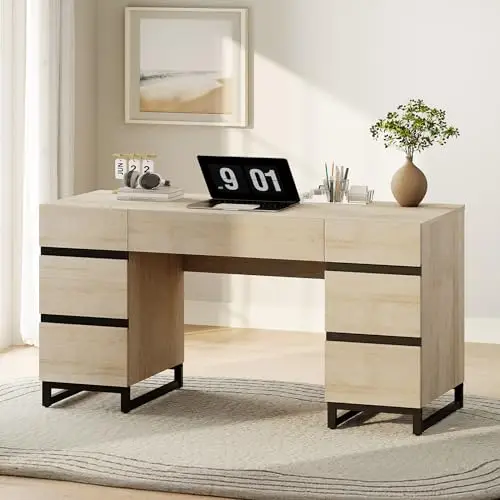 59 Inch Modern Home Office Desk with Charging Station, Wood Computer Writing Desk with 7 Deep Drawers, Oak Executive