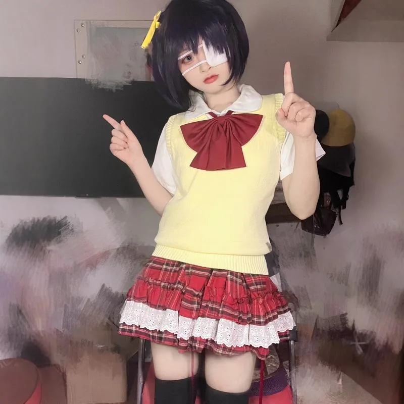 

Anime Takanashi Rikka Cosplay Costume School Uniform White T-shirt Vest Skirt Wig Full Set for Women Japanese Style Clothes