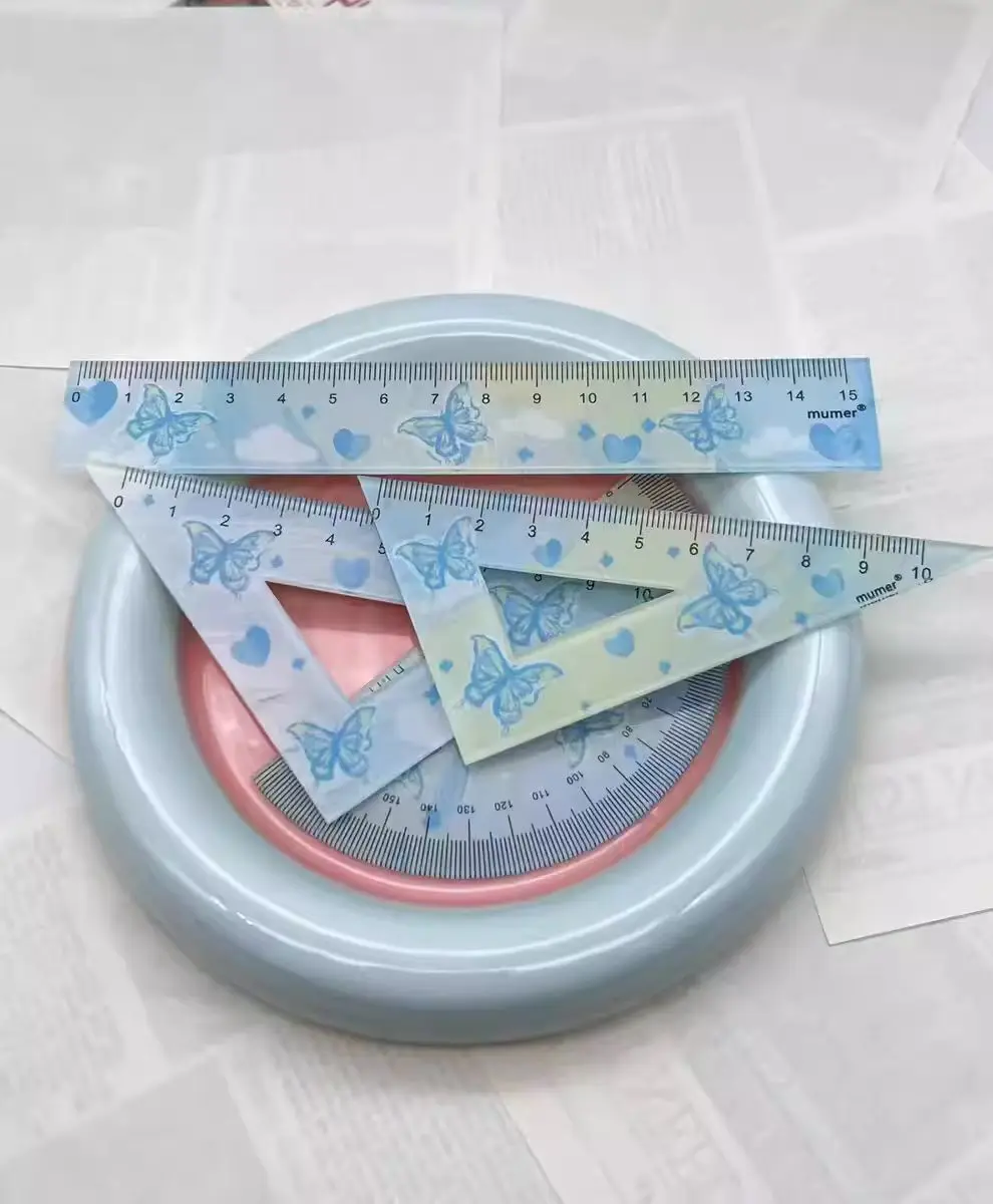 4 in 1 Oil painting butterfly Cartoon Ruler Stationery Set Multifunctional Combination Ruler Ruler Triangle Protractor Drawing