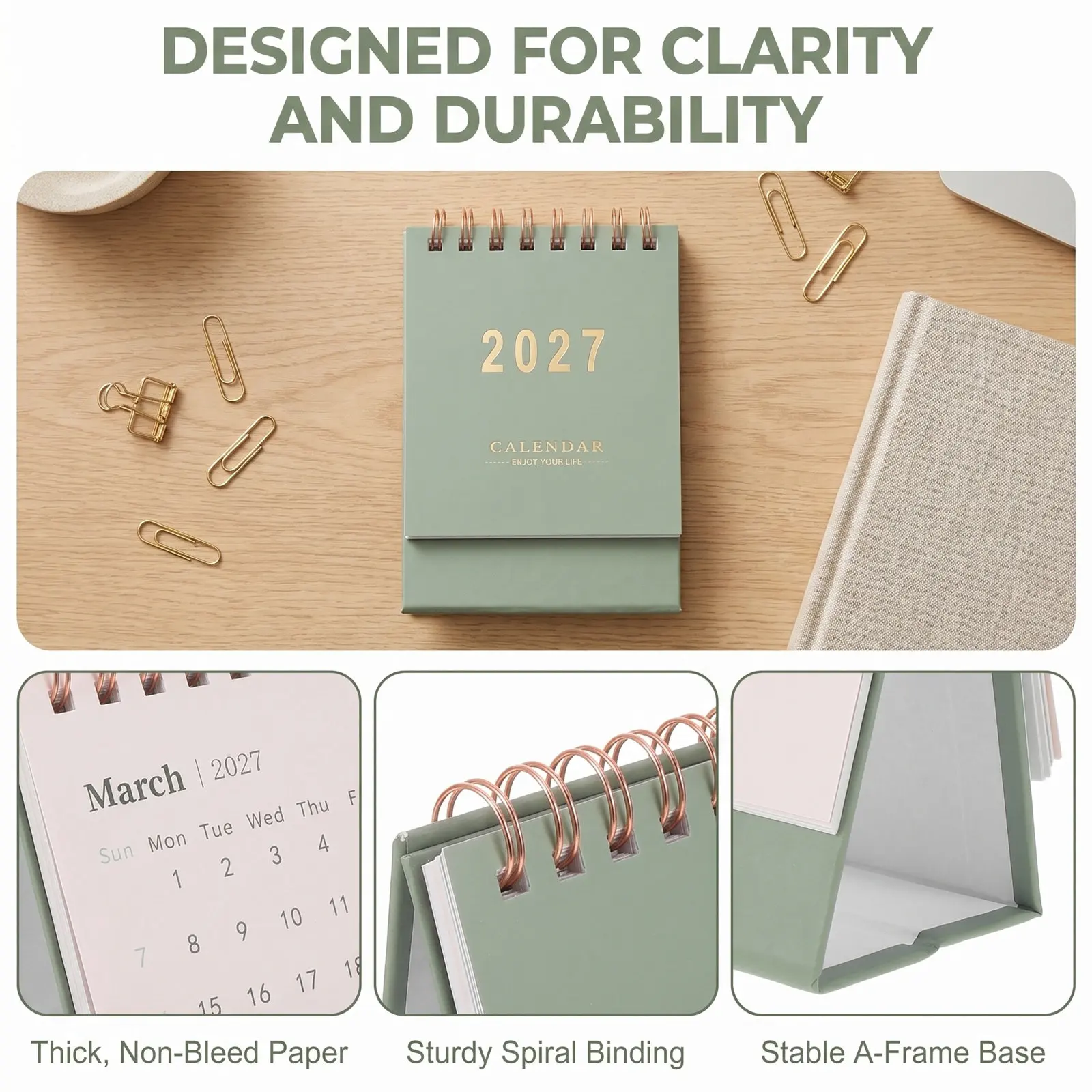 2Pcs Mini Desk Calendar Green Pink 2027 Standing Flip Desktop Calendar Minimalist Monthly Planner Office Home Mini Calendars