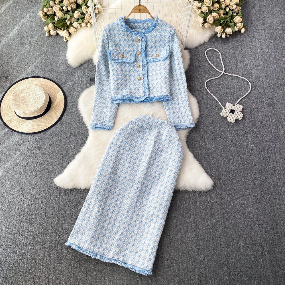 Elegant Women Tweed Skirt Set Two Pieces Houndstooth O-Neck One Breasted Tassel Jacket+High Waist Split Hips Long Skirt OL Lady