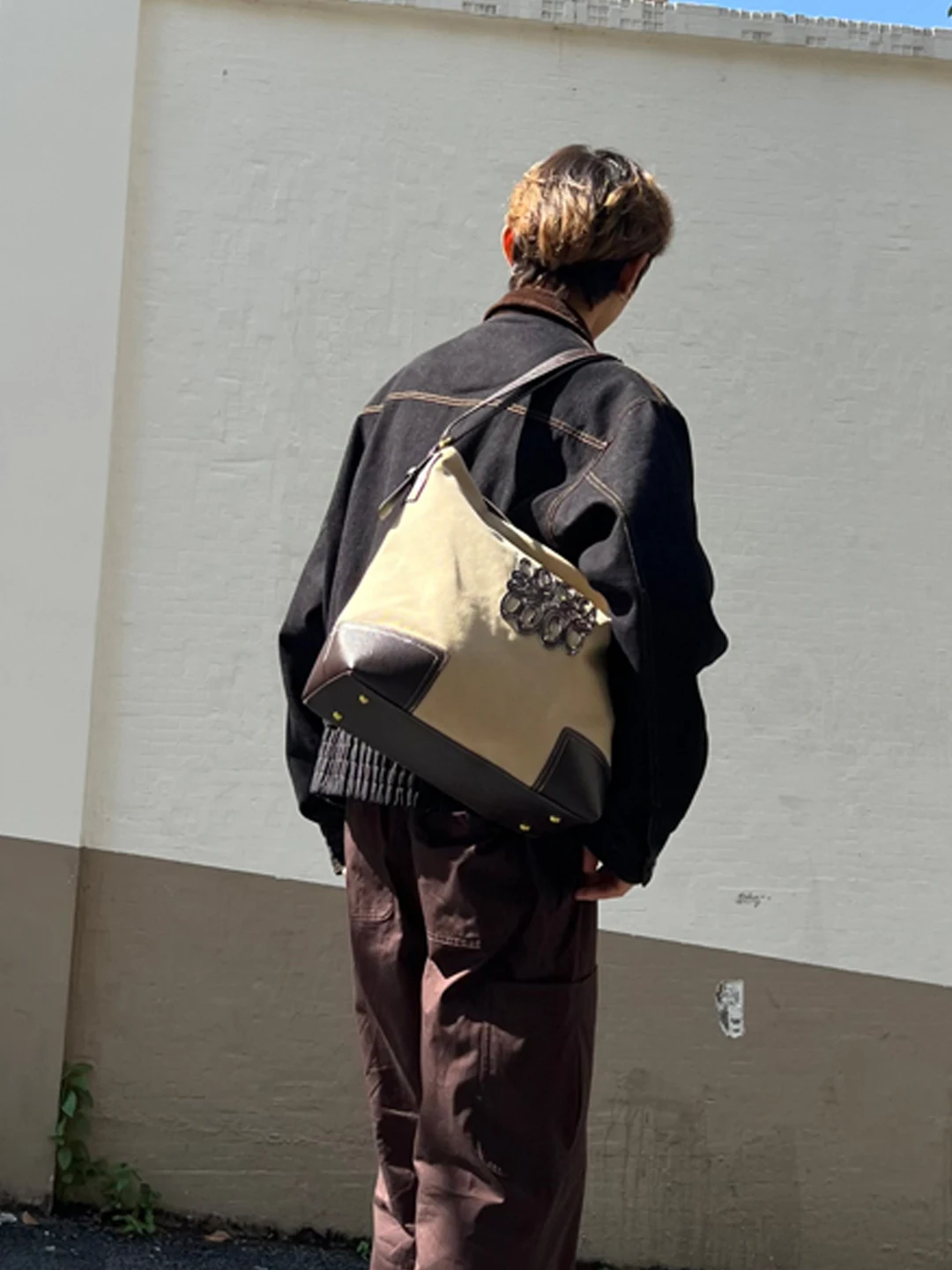 NIN Vintage Denim Canvas Tote Bag Unisex Hobo Handbag Trendy Individuality Shoulder Bag Crossbody Bucket Shape  Color