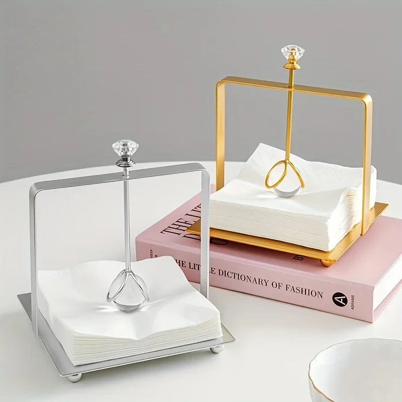 1pc Elegant Golden Stainless Steel Square Napkin Holder with Clear Crystal Accent,Freestanding Tissue Organizer for Bathroom