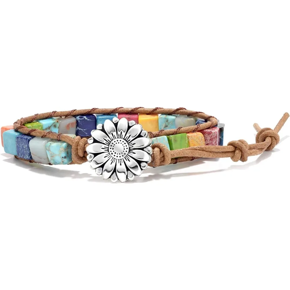 

7 Chakra Leather Wrap Bracelet – Real Healing Stones, Boho Jewelry for Women & Men