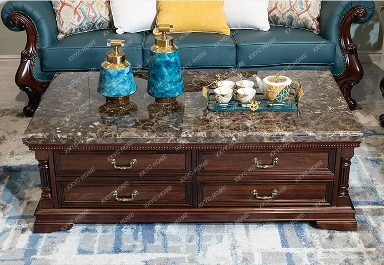 X-S Marble coffee table all solid wood  retro luxury with drawers storage rectangular locker HG