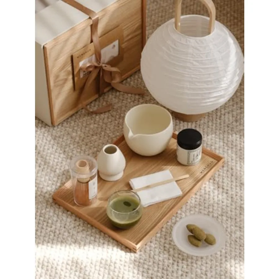 

Matcha Whisk Sets Matte Crème with Wooden Tray and Ribbon Gift Box and Gift Bag- 8pc Matcha Set Perfect Matcha Kit for Matcha T