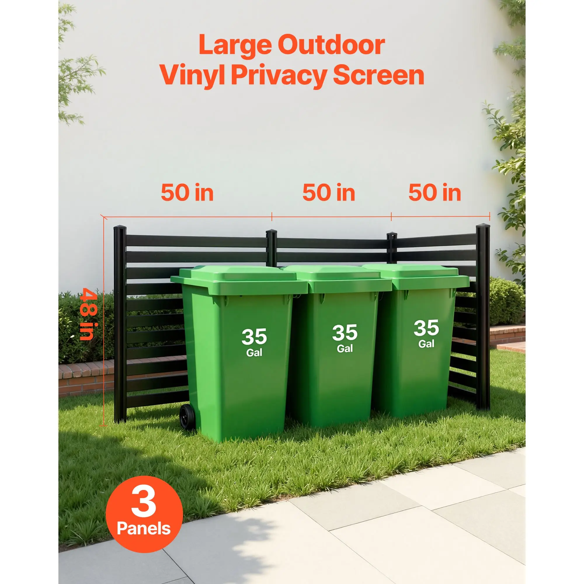 3 Panels Outdoor Privacy Screen, 50 x 48 in Air Conditioner Fence with 27.6 in Ground Stakes, Pool Equipment Enclosure, Vinyl Pr