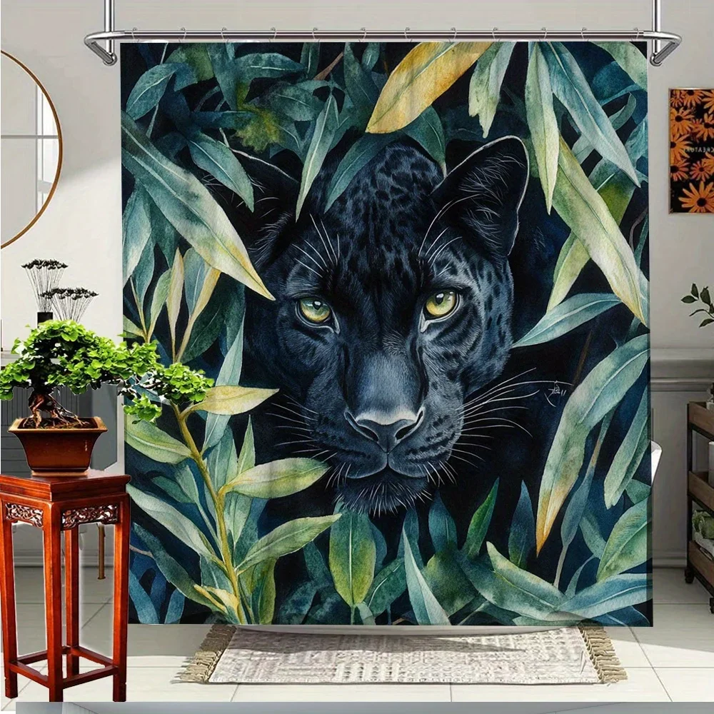 

1pc Black Panther Jungle Shower Curtain with Green Leaves - Bold Exotic Bathroom Decor, 70.8x70.8 Inches, Machine Washable Fabri
