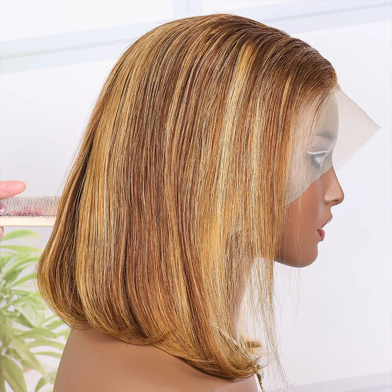 

Short Straight 13x4 Lace Frontal Bob Wig 100% Human Hair Wig 200% Density 4/27 Highlight Ombre Pre Plucked Brazilian Virgin Hair