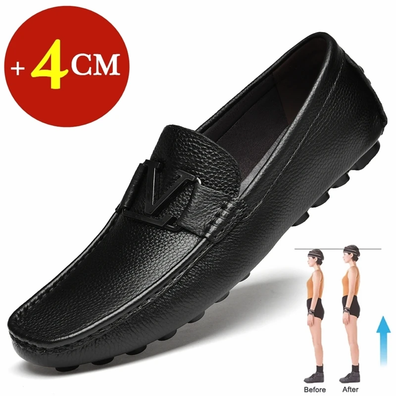 Wygodne męskie mokasyny/4cm buty na koturnie męskie trampki czarne brązowe miękkie oryginalne skórzane płaskie buty męskie wysokość zwiększ wyższe