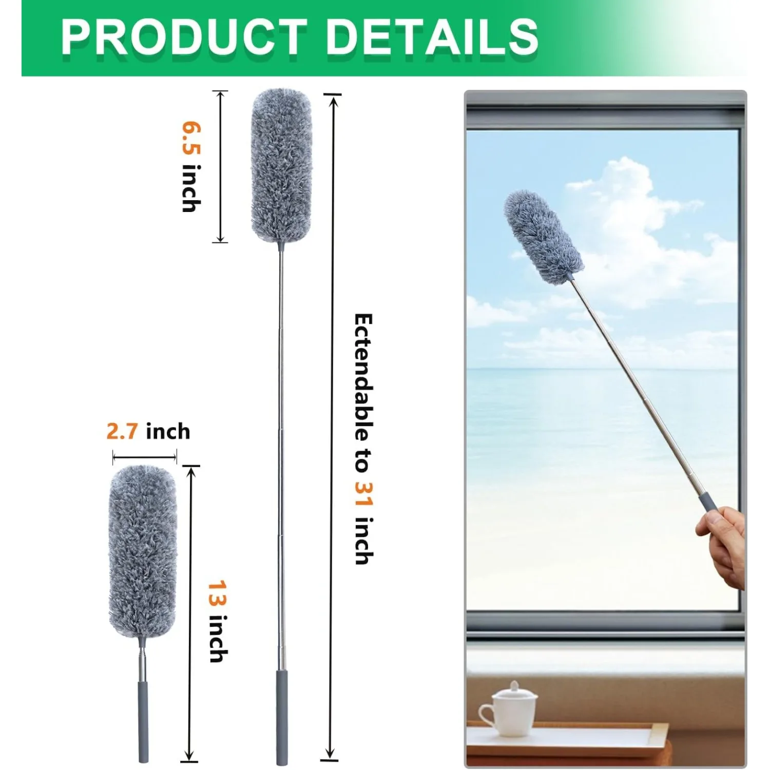 Hand Washable Dusters with Microfiber Head, Extendable Pole, Detachable Cleaning Supplies