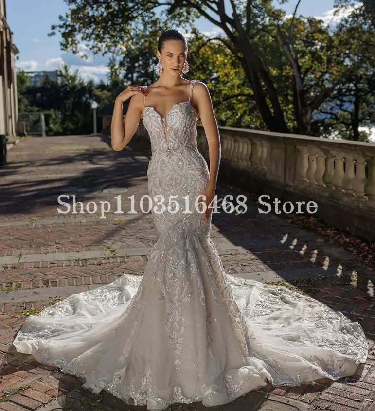 Vestido de noiva Halter nupcial querido, Elegante Applique prateado, Vestido longo personalizado da sereia, Vestido de casamento formal, 2024