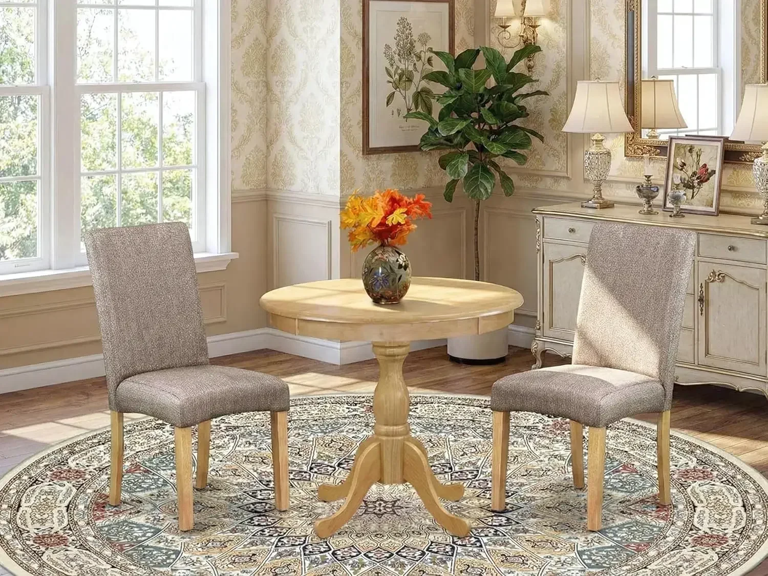 Round Kitchen Table Pedestal Two Dark Khaki Linen Fabric Parsons Dining Chairs 36 Inch Oak 3 Piece Dining Room Set