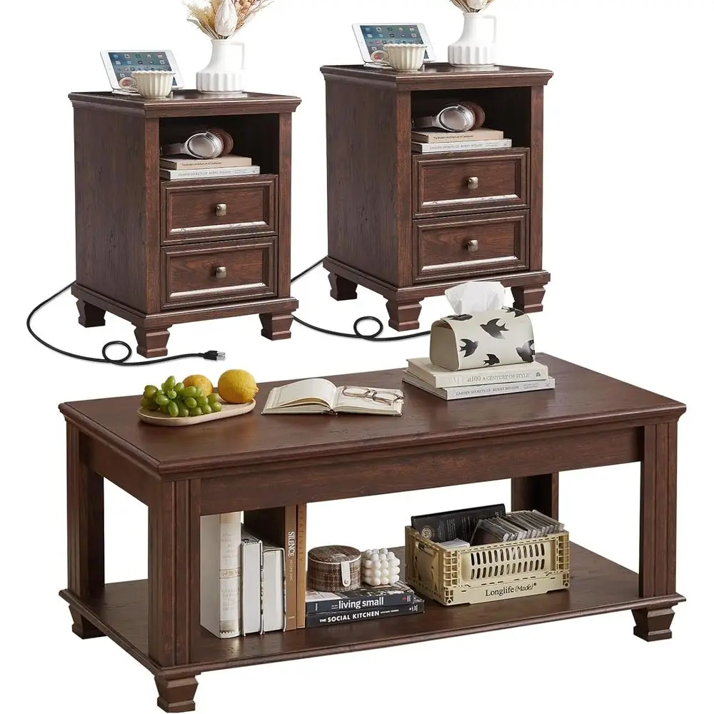Rustic Wooden Coffee Table Set of 3 with Large Coffee/End Tables, Walnut Finish