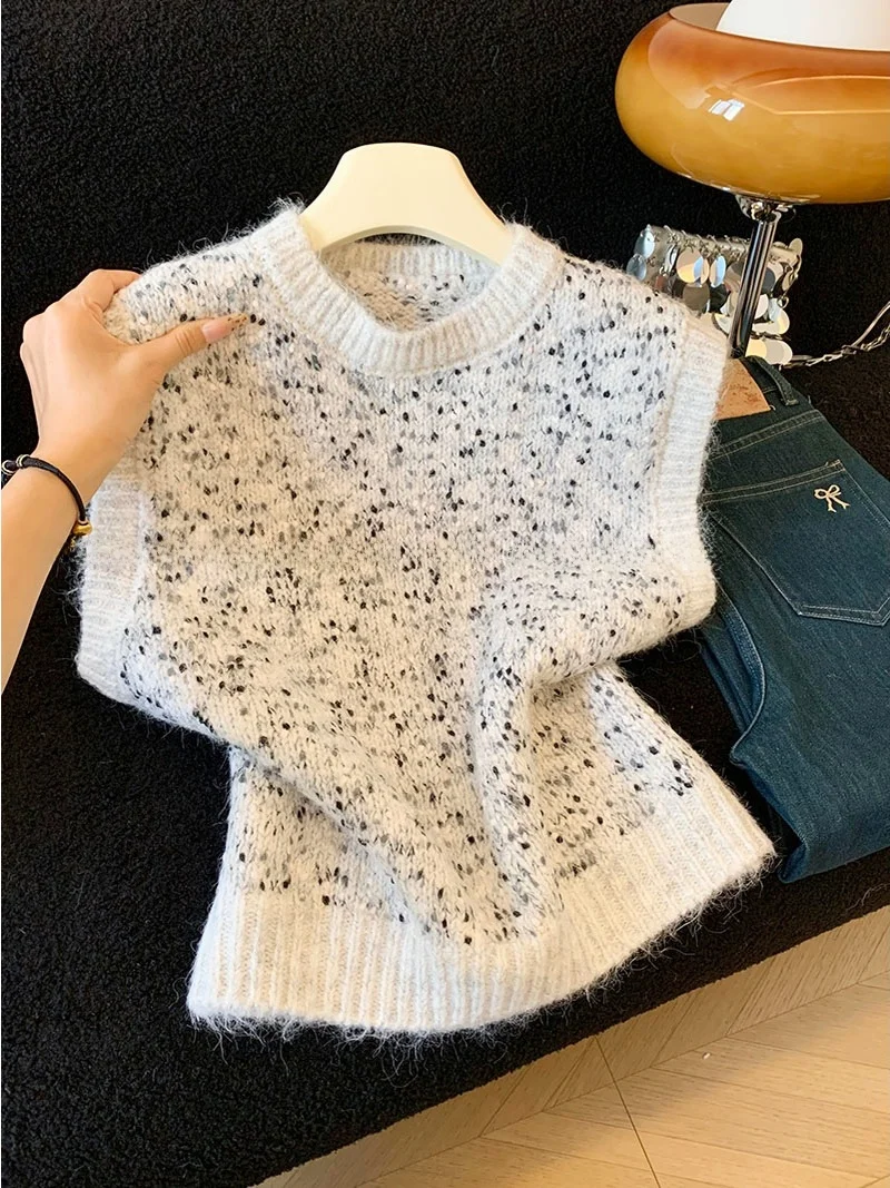 

Korean Sle Mixed Fiber Floral Knit round Ne Vest Women's Loose Slim Fit oulder Top Svel Upper Apparel