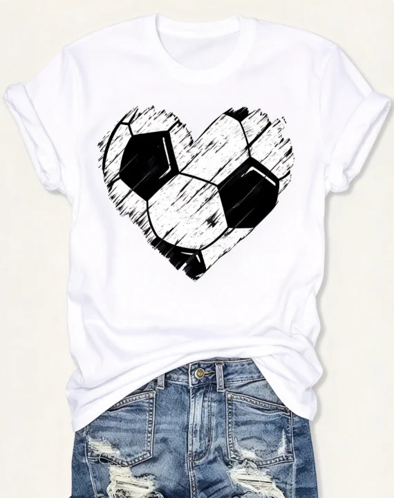 2026 New Women Round Neck Black And White Football Graphic Print Short Sleeve T Shirt Pure Cotton Fabric All Season For Sports Fans Casual Basic Top T Shirt
