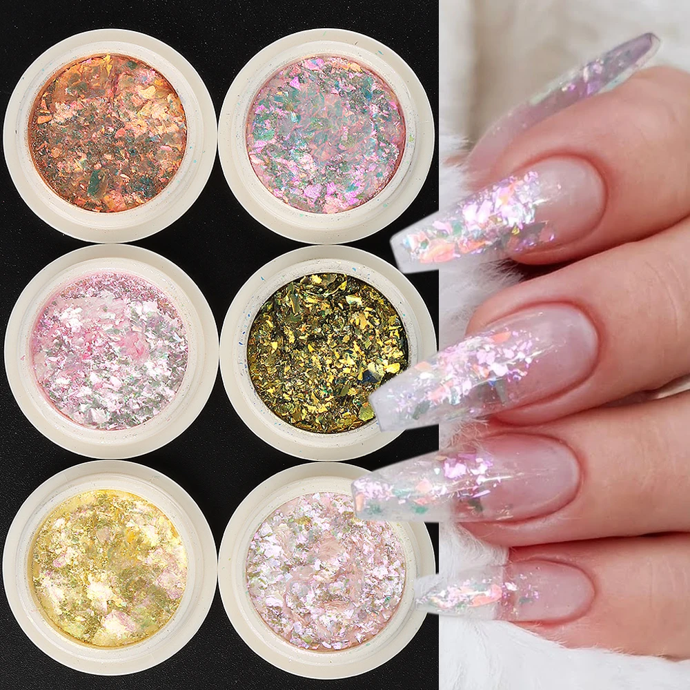 Pink Opal Nail Flakes Iridescent Glitter Aurora Chrome Powder Gold Foils for Nails Chameleon Pigment Manicure Paillette LEBB-ONB