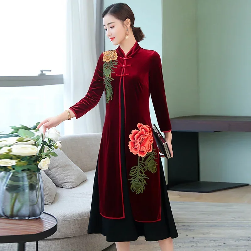 Qipao Traditional Oriental Velvet Cheongsam Wedding Dress Modern Chinese Asian Dresses Ff2557 MN3