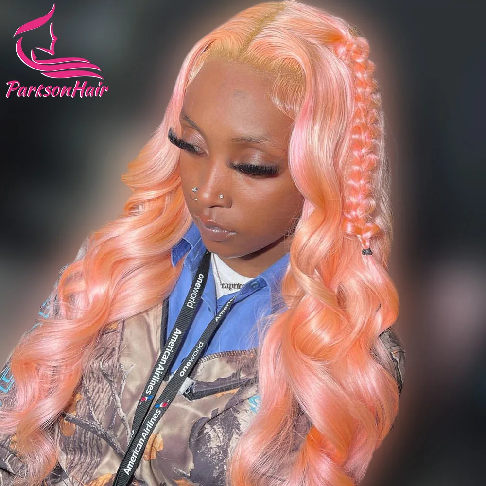 

100% Human Hair Wigs Peachy Pink 13x6 Transparent Lace Frontal Wig 200% Density Body Wave Colored 613 Human Hair Wig For Women