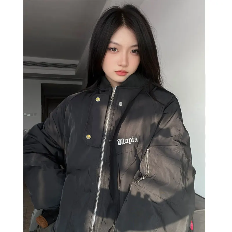 Deeptown Harajuku Vintage Bomber Jacket Mulheres Oversized Zipper Estilo Japonês Casal Casacos Streetwear Casual Ao Ar Livre Solto