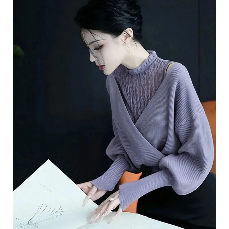 New Half-high Collar Stacking Sleeves Pullover Off Shoulder Patchwork Lace Mujer Japan Sweet Loose All-match Knit Tops