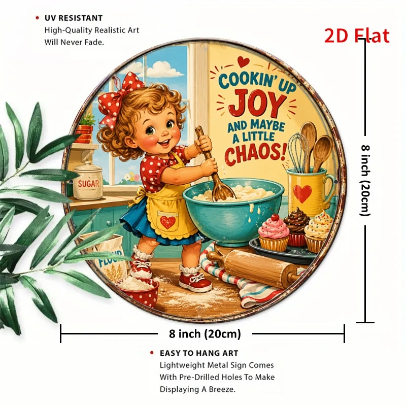[2Dflat], 1pc 7.87X7.87inch- Cookin' Up Joy Metal Plaque, Retro Kitchen Decorative Sign, Vintage Girl Wall Art for Home Kitchen