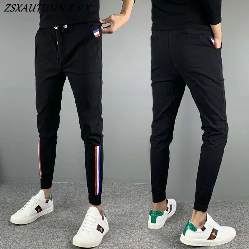 

New Fashion Streetwear Men Casual Pants Vintage Thin Trousers Men Slim Pencil Pants Black