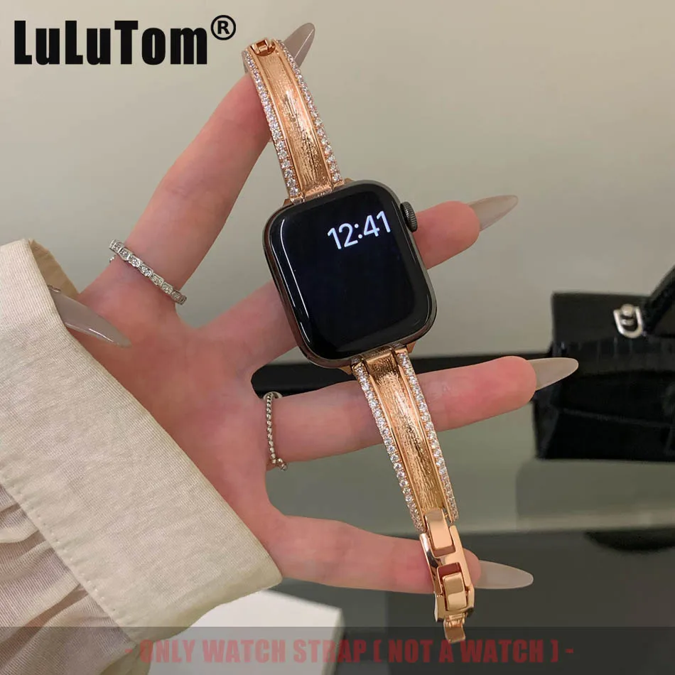 

Роскошный ремешок с бриллиантами во французском стиле для Apple Watch Band Series 10, 9, 8, 7, 6, SE 5 4, Ultra 46/49/45/44/42/41/40/38 мм, медный браслет