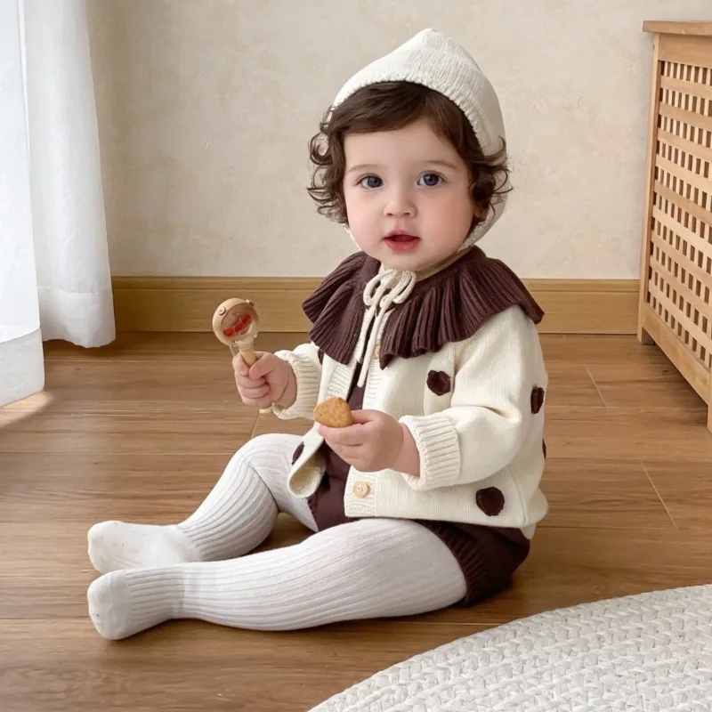 Autumn sweater knit set baby single breasted ruffle collar handmade heart-shaped knit long sleeve jacket+clean color 2-piece set