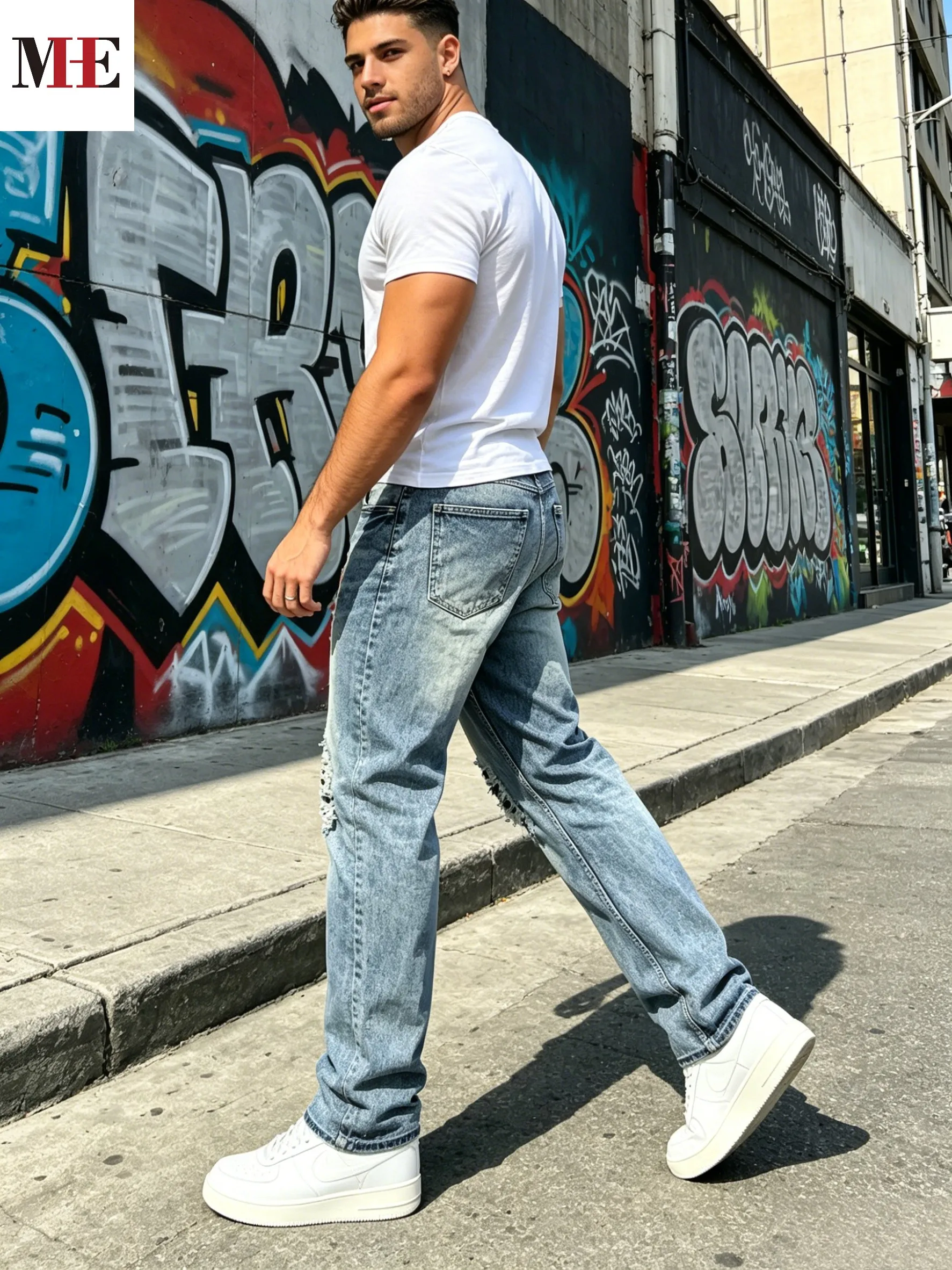HME Men's Light Blue Denim Pants, Straight Long Pants with Gradient Vintage Wash, Multi-Layer Frayed Rips & Black Inner Lining