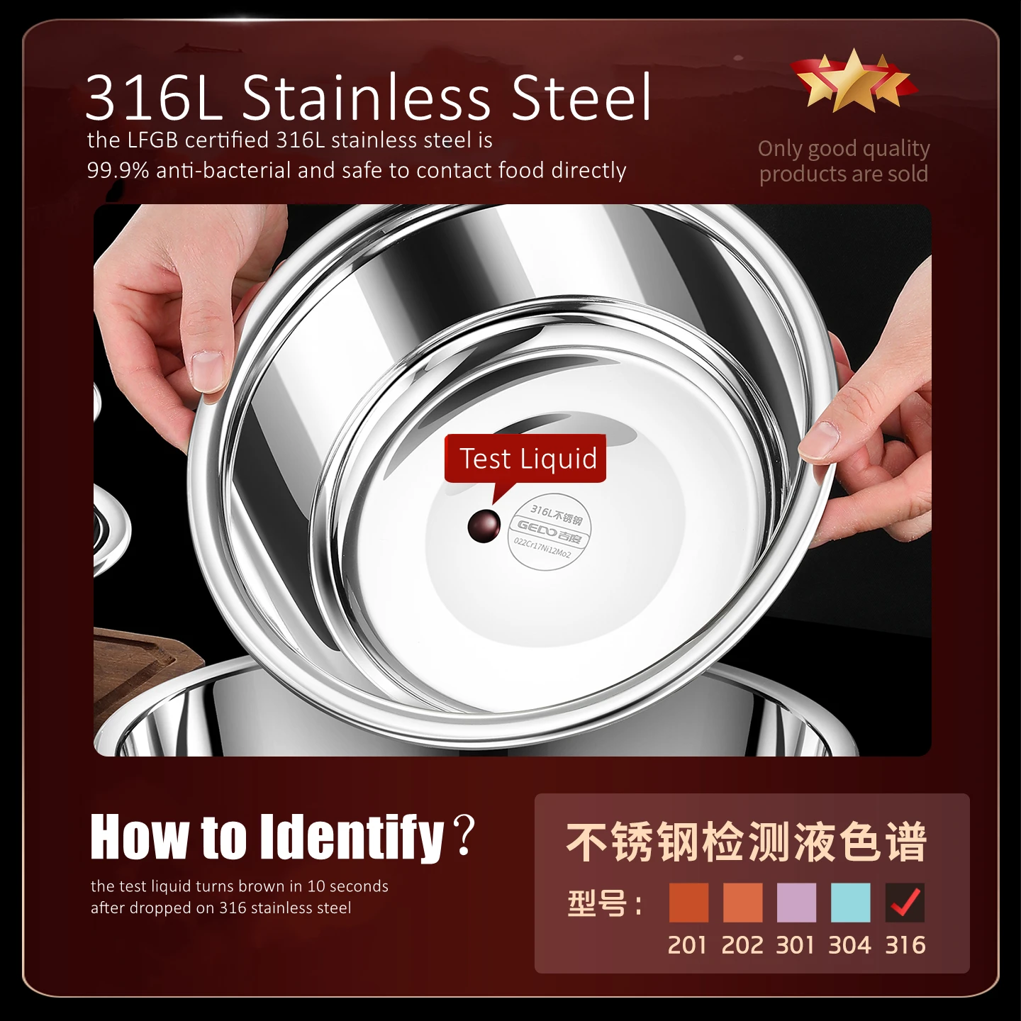 99.9% Anti-bacterial LFGB Certified 316L Stainless Steel Kitchen Basin Well Polished 18~26cm Diameter Ultra Thick Salad Bowl