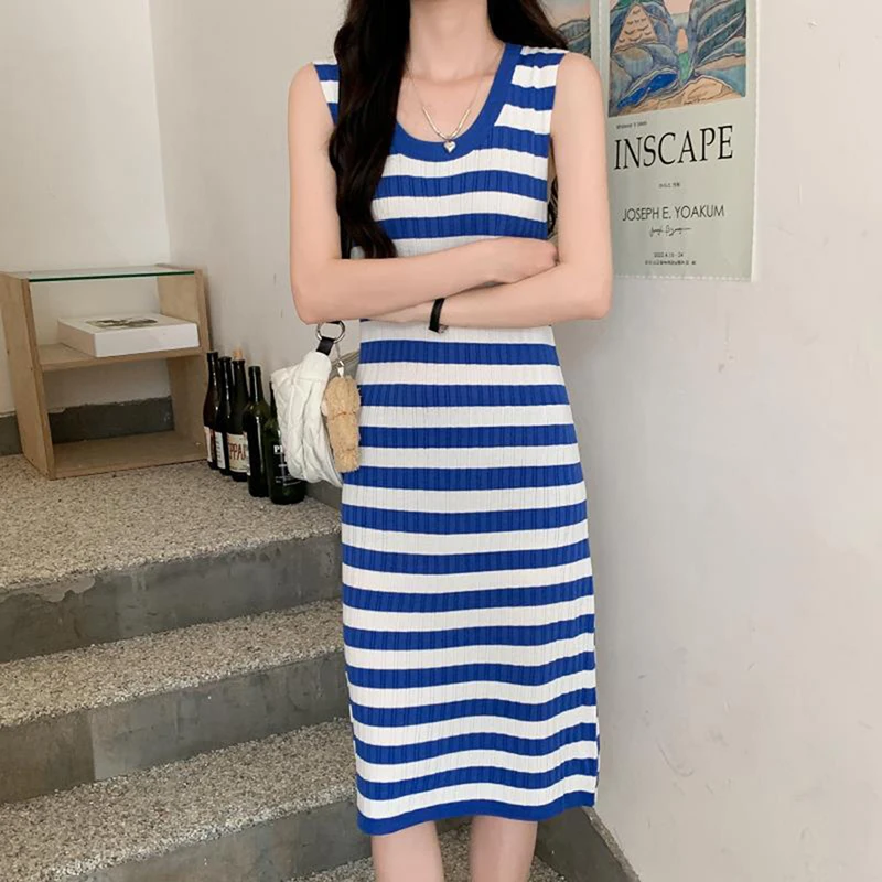 2023 Women's Wear New Korean Style Round Neck Contrast Color Striped Sleeveless Casual Dresses Midi Dress