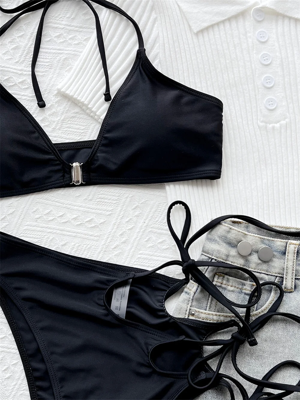 Sexy Black String Extreme Bikini High Waist Hollow Out Swimsuit Push Up Halter Swimwear Women Backless Bathing Suit Beach Outfit