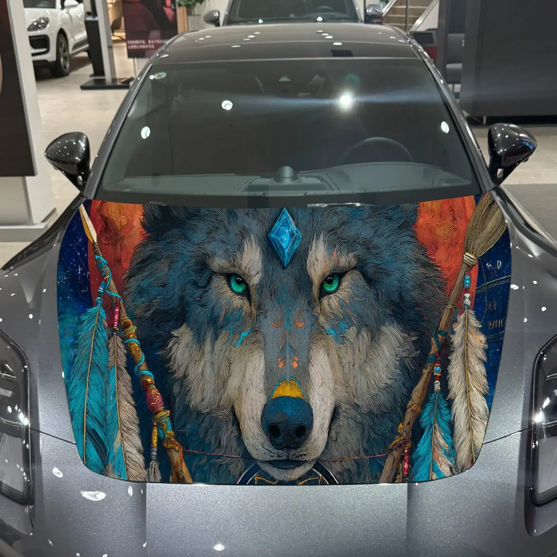 Dreamcatcher Wolf Visual Wonder Journey PVC Car Hood Wraps, Self-Adhesive Waterproof Car Bonnet Decal Sticker, Car Decoration Pr