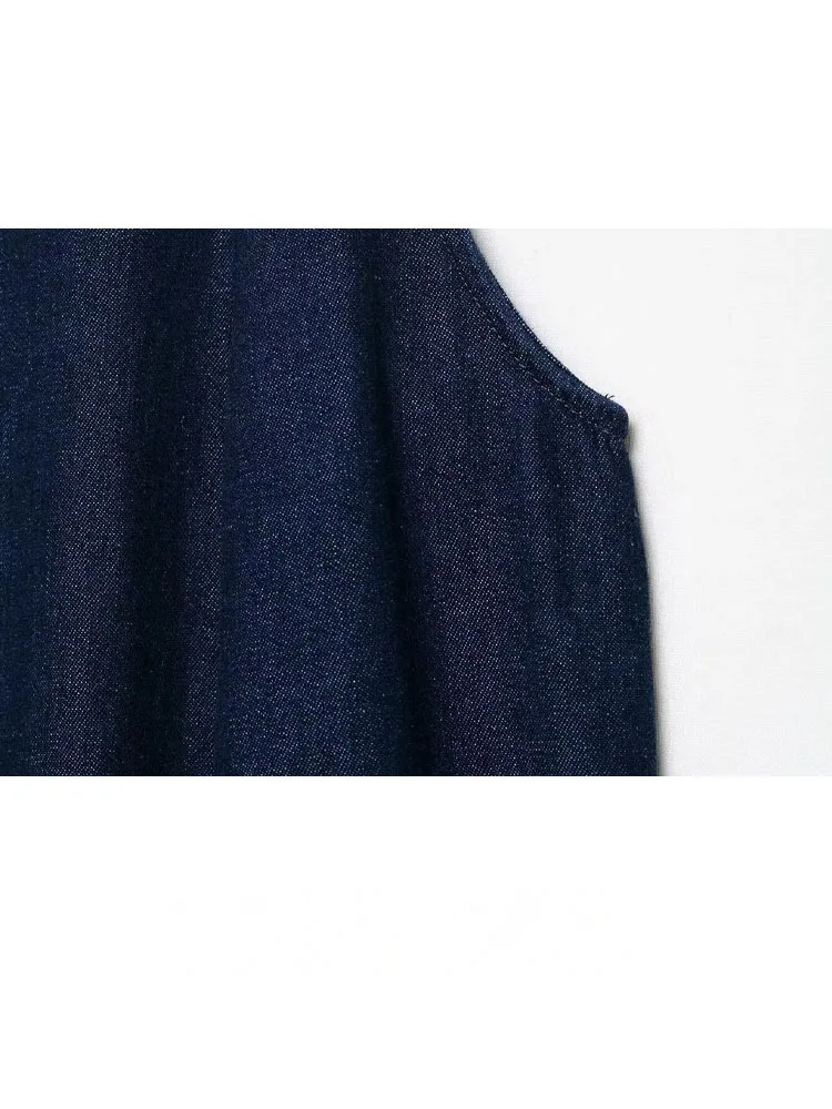 เดรสยีนส์ยาวทรงพลีทแบบคล้องคอ ดีไซน์หรูหราสำหรับผู้หญิง  ซิปหน้า แฟชั่นฤดูร้อน แขนกุด สีพื้น ทันสมัย