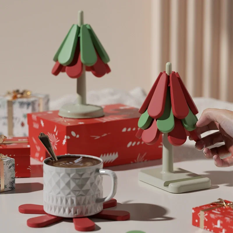 

3Pcs/Set Silicone Coaster Insulation Pad Christmas Tree High Temperature Insulated Table Mat Round Square Base Anti-fouling Pad