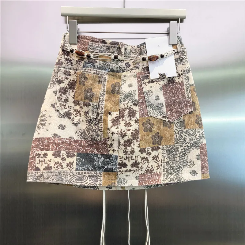 Estilo étnico casual retro flor impressão saia longa para as mulheres verão 2025 moda cintura alta emagrecimento a linha saia curta com cinto