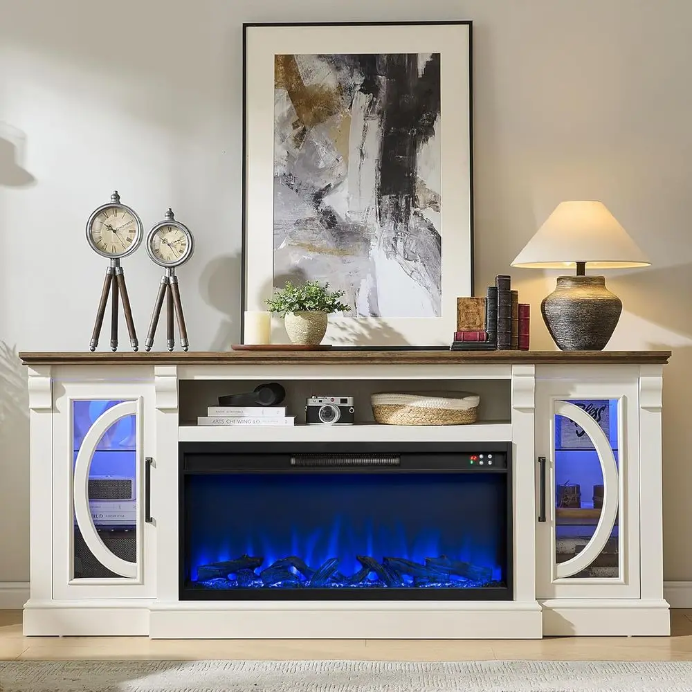 

Farmhouse Style 80 TV Stand with Built-in 36 Electric Fireplace, Antique White LED Entertainment Center