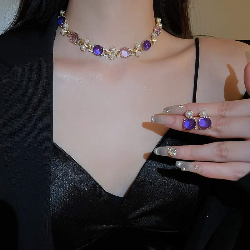 FYUAN Vintage Pearl Geometric Necklace Earrings For Women Purple Pink Resin Earrings Wedding Bride Jewelry Sets Accessories