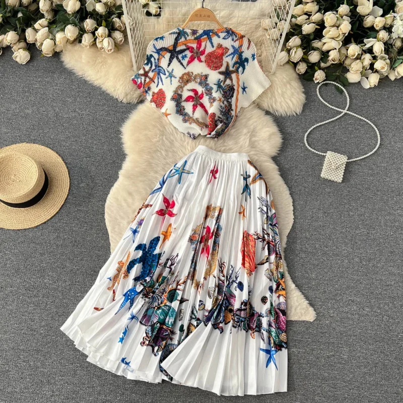 2024 Runway Designer Starfish Skirts Sets Summer Outfit Two Piece Women Knitted Cropped Tops And Pleated Long Skirt Matching Set