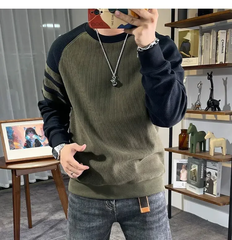 New Men's Long Sleeved Round Neck Pullover Casual Base Sweater with Vertical Stripe Splicing Contrasting Color Sweatshirt XJ170